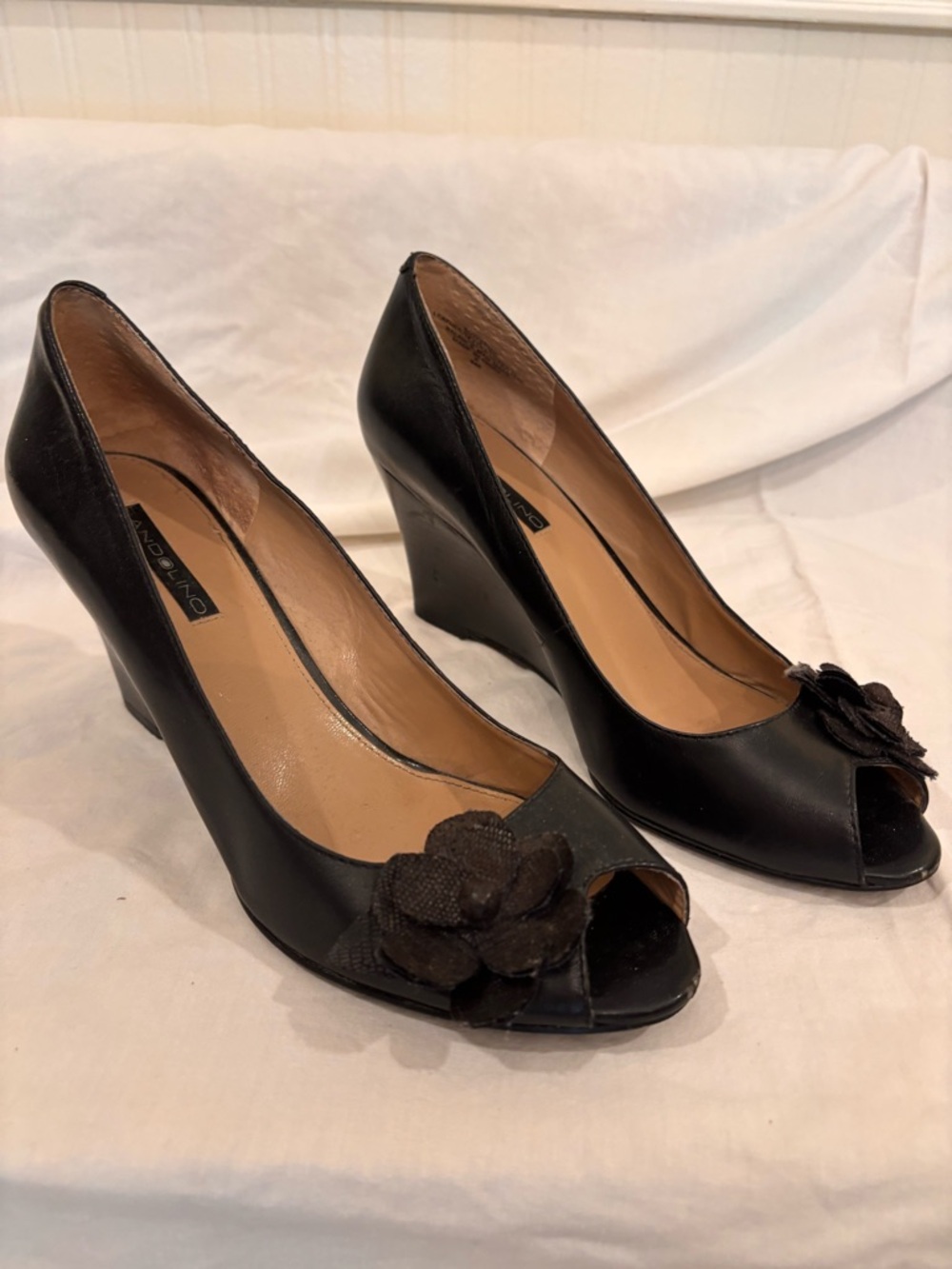 Bandolino Black Peep-Toe Wedge Heels with Floral Accent